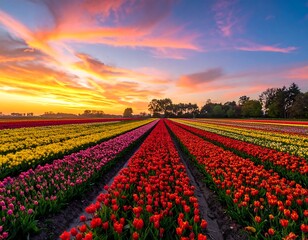 Field of colorful blooms under an amazing sunset sky