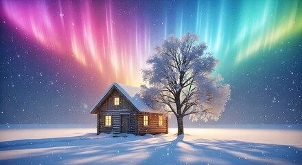 Wooden House Under Colorful Aurora Lights, Magical Winter Night Landscape