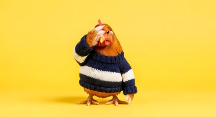 Surprised Guinea chicken Wearing Sweater on Bright Yellow Background, Funny Pet Portrait