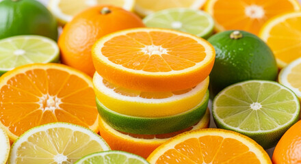 Fototapeta premium Creative stack of fresh citrus slices including orange, lemon, and lime showcasing vibrant colors and natural gradient composition.