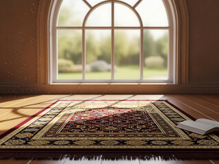Sunlight Streaming Through Arched Window Onto Prayer Rug and Book.