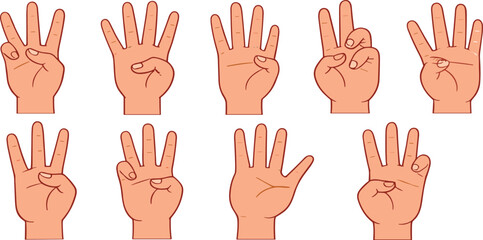 Fototapeta premium Cartoon hand counting gestures collection showing finger numbers educational vector illustration set