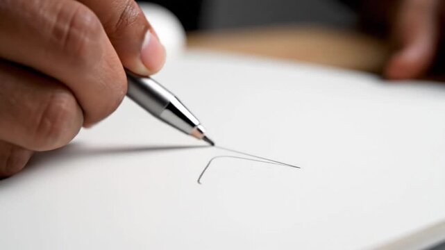 Close-up of hand writing on white paper with pen, indoors, creating art