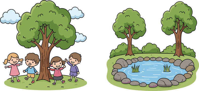 Cute cartoon children playing in park with trees and pond nature vector illustration set