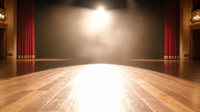 Dramatic Empty Stage with Spotlight and Red Curtains for Performance.