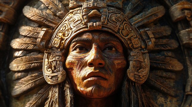 Ancient Aztec Civilization Featuring the Aztec Calendar, Quetzalcoatl, and Warriors in Traditional Headdresses