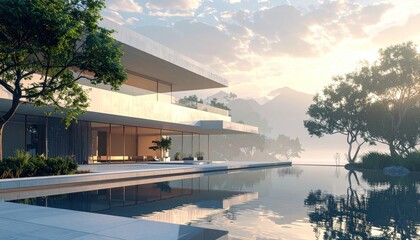 Fototapeta premium Modern home with infinity pool reflects sunrise mountains, trees, and serene water