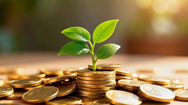 Plant growing from stack of coins