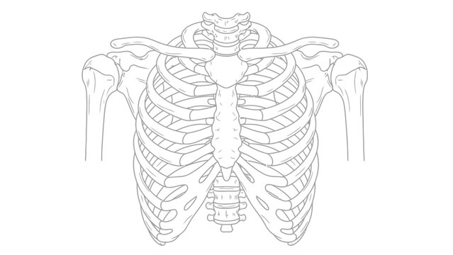 Line drawing of the human upper torso skeleton showing rib cage sternum clavicles and humeri