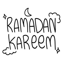 Obraz premium Ramadan kareem text word typography hand written moslem icon celebration with cloud moon stars sparks sparkle stroke outline
