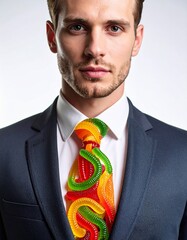 businessman wearing formal suit with colorful gummy worm candy tie