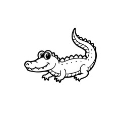 Fototapeta premium A simple black and white cartoon drawing of a smiling alligator with its tail curved upwards.