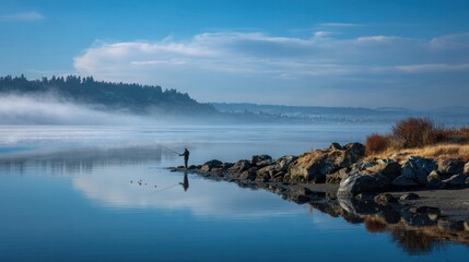 A lone angler casts off a rocky shoreline at dawn, reflecting in calm, misty water
