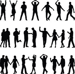 Fototapeta premium Dynamic collection of black silhouettes of people in various poses and interactions, celebrating movement and social connection