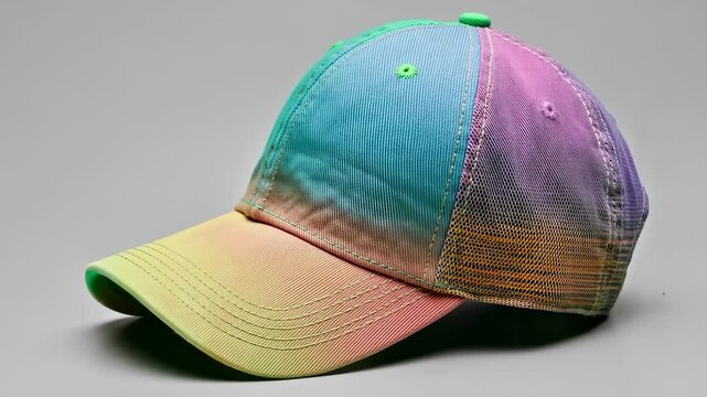A vibrant baseball cap with a gradient of colors against a gray backdrop