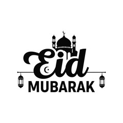 Monochrome Eid Mubarak design with mosque silhouette and hanging lanterns © mr.shawn007