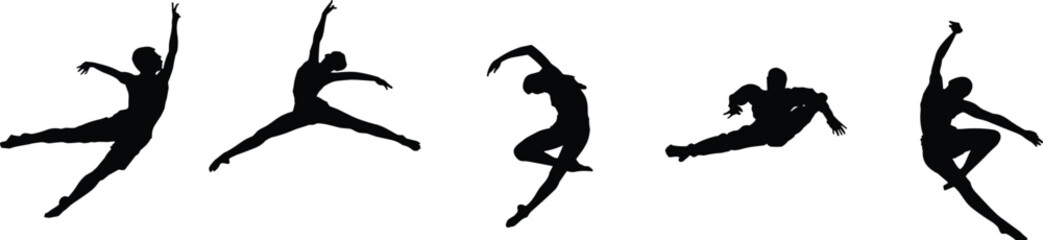 Modern dance silhouette set jumping and dynamic poses isolated on white background black human figure vector illustration for performance design © Shuvo creative