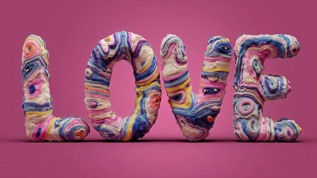 Colorful 3D LOVE text on a vibrant pink background, showcasing swirling patterns and a dynamic visual effect.