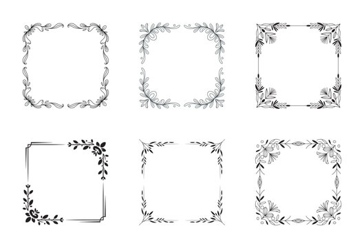 A collection of six elegant hand-drawn square floral frames and ornamental borders for decoration