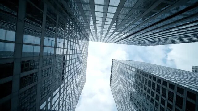 A low-angle view of modern glass skyscrapers and a skybridge, highlighting contemporary architecture and urban development.