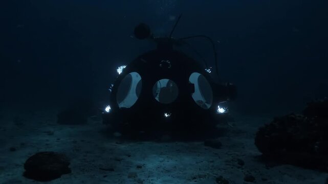 A deep-sea submersible with bright lights rests on the sandy ocean floor, exploring the dark water.