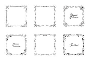 A collection of six elegant square frames with ornate floral and calligraphic borders, suitable for vintage invitations or certificates.