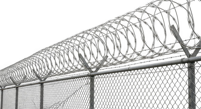 Closeup of metal chain link fence with barbed wire on top for security purposes transparent background