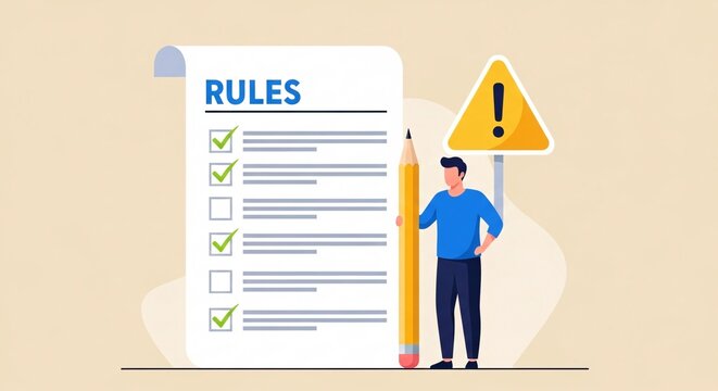 Businessman standing next to a large checklist with rules and a warning sign indicating importance of following regulations and compliance in workplace safety and management