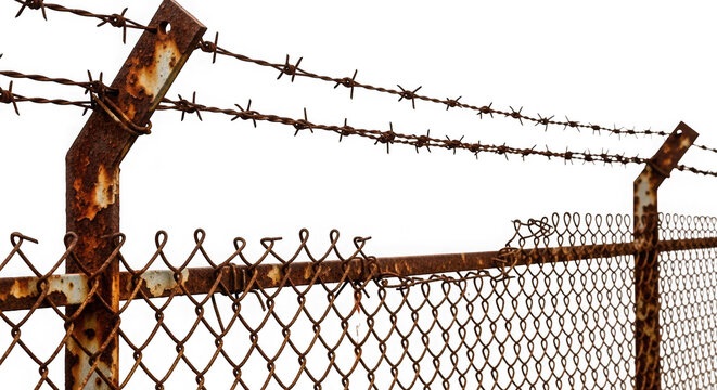 Closeup of rusty chain link fence with barbed wire on top for security purposes transparent background