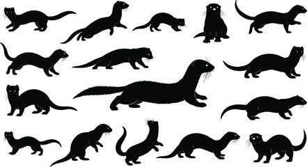 Black silhouettes of marten, weasel, mink, and ferret set in various poses, isolated vector illustration for wildlife nature and forest animal design,