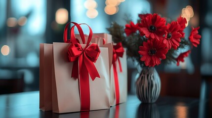 Row of Elegant Gift Bags with Red Ribbons on a Table, Soft Blurred Background with Red Flower Vase, Holiday Event, Corporate Party, and Celebration Concept