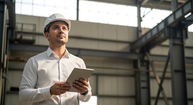 Man in white shirt and white helmet holding a tablet in an industrial building