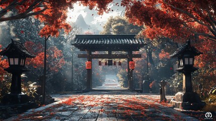 Shinto Shrine in Japan Surrounded by Red Maple Trees, Traditional Japanese Landscape Design Illustration