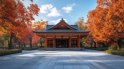 Shinto Shrine in Japan Surrounded by Red Maple Trees, Traditional Japanese Landscape Design Illustration