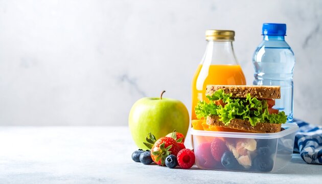 Healthy Lunchbox with Sandwich, Fruit, and Juice.