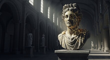 Obraz premium Ancient Roman Marble Bust of a Nobleman in a Sunlit Museum Hall.
