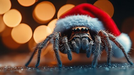 Cute Little Tarantula Wearing a Santa Claus Christmas Hat on Soft Bokeh Background