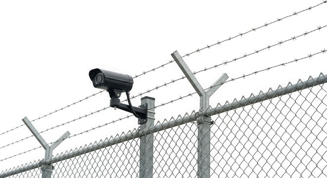 Security camera mounted on a chain link fence with barbed wire surveillance system transparent background