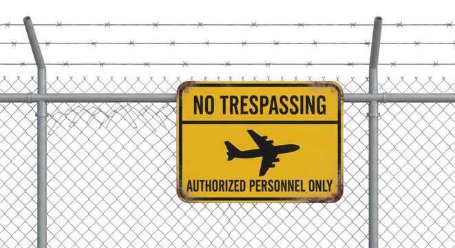 No trespassing sign on a chain link fence with barbed wire Authorized personnel only transparent background