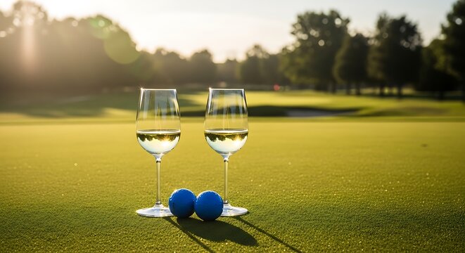 Two wine glasses and blue golf balls on a golf course in sunlight green grass