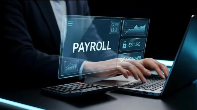 Professional Business Executive Using a Holographic Digital Payroll Management System Interface 4K