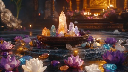 Beautiful Esoteric and Mystical Meditation Altar with Crystals and Semi-Precious Stones in a Serene Zen Temple Setting