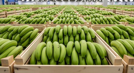 Fototapeta premium Rows of green unripe bananas in wooden crates in a large warehouse setting