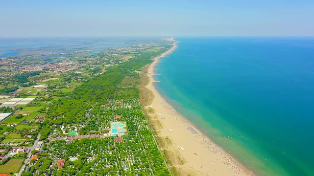 Venice, Italy. Beaches of Punta Sabbioni. Cavallino-Treporti. Clear sunny weather. Drone footage