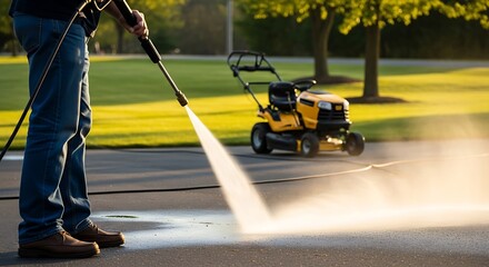 Person Washing Pavement with Hose Near Yellow Lawn Mower on Green Grass water