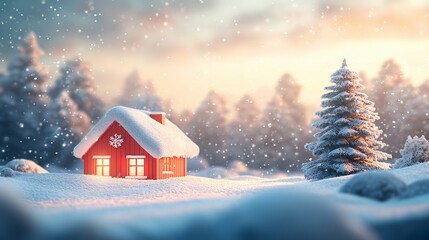 Christmas Festive Greeting Background Featuring a Joyful Cozy House with Snowflakes, Pine Trees, and Christmas Decorations, Warm Happy Holiday Ambience Template Design