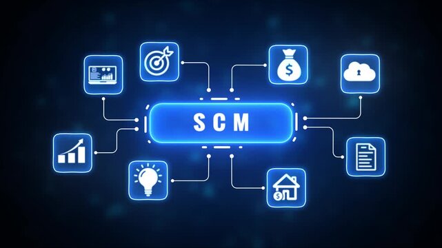 Glowing blue digital network diagram with central elongated rectangle and surrounding rounded squares connected by thin white lines against a dark bokeh background representing data flow and