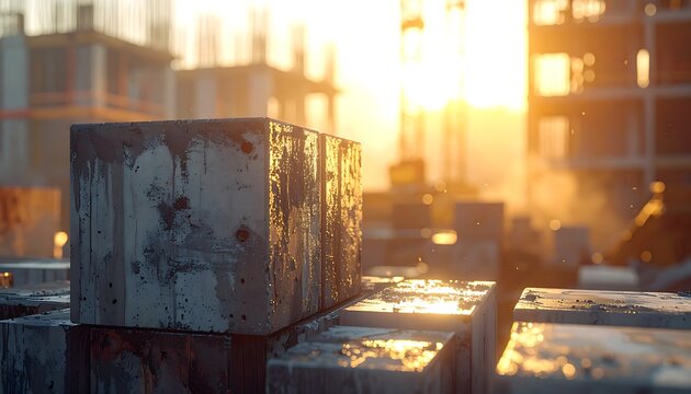 A close-up shot of a concrete cube on a construction site. Warm sunlight bathes the scene, highlighting the textures
