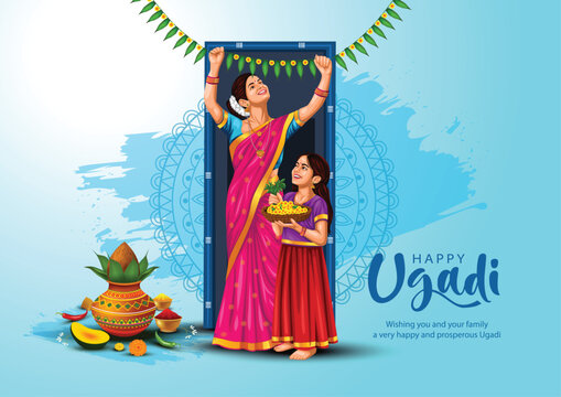happy Ugadi New Year festival. holiday celebrated by the inhabitants of Karnataka and Andhra Pradesh. abstract vector illustration graphic design.
