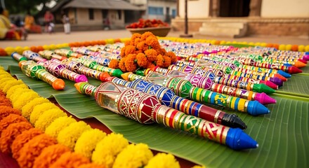 Colorful rangoli designs and traditional marigold flowers arranged on green leaves